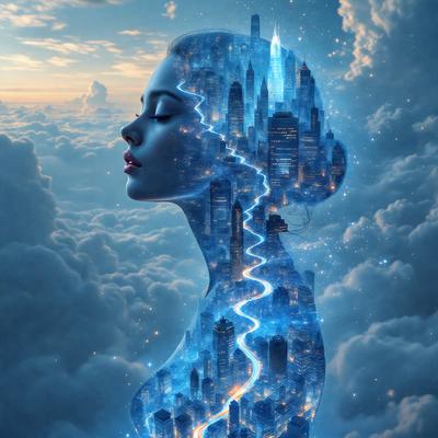 The primary subject of the image is a woman's face, which is depicted in a digital art style. The setting is a cloudy sky, and the background features a cityscape with tall buildings. The visual style is a combination of digital art and illustration, creating a unique and artistic representation of the woman's face. The colors and mood of the image are predominantly blue, giving it a serene and dreamy atmosphere.